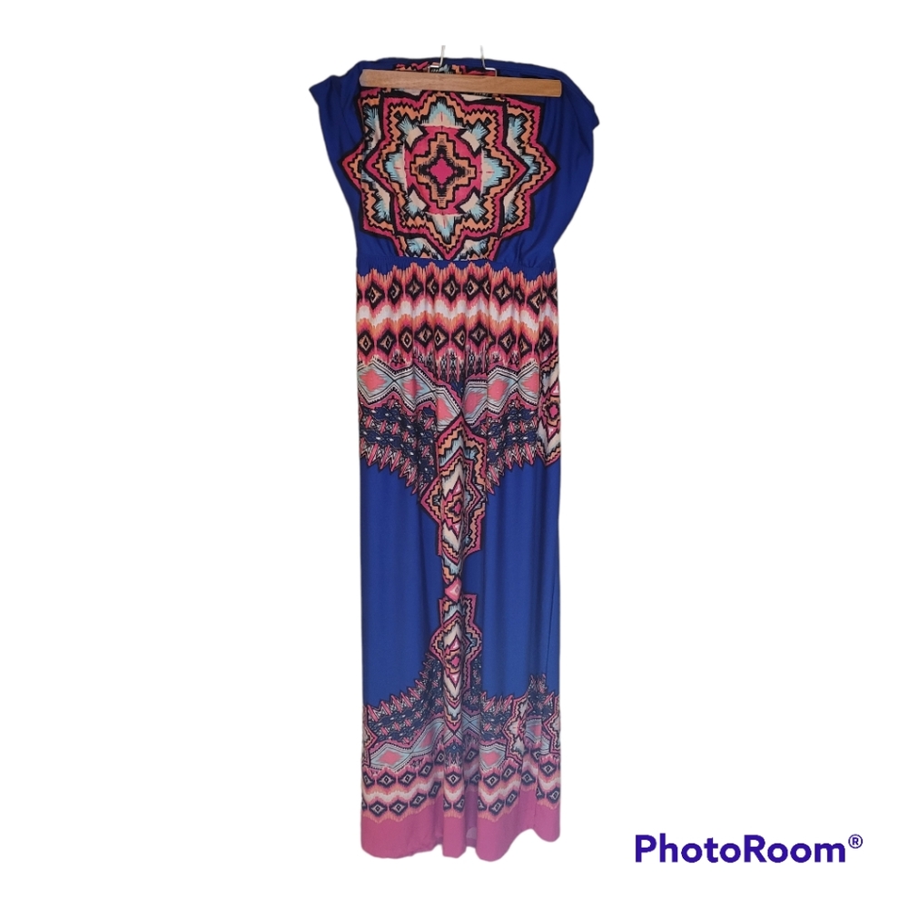 Charlotte Russe blue and pink tube maxi dress. Strapless. Aztec print. S…
